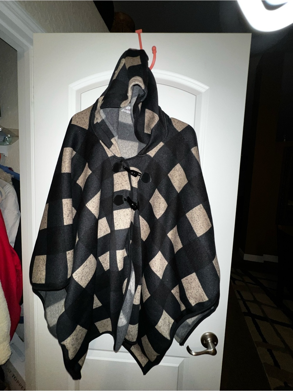 Women’s Black & Beige Hooded Poncho Coat